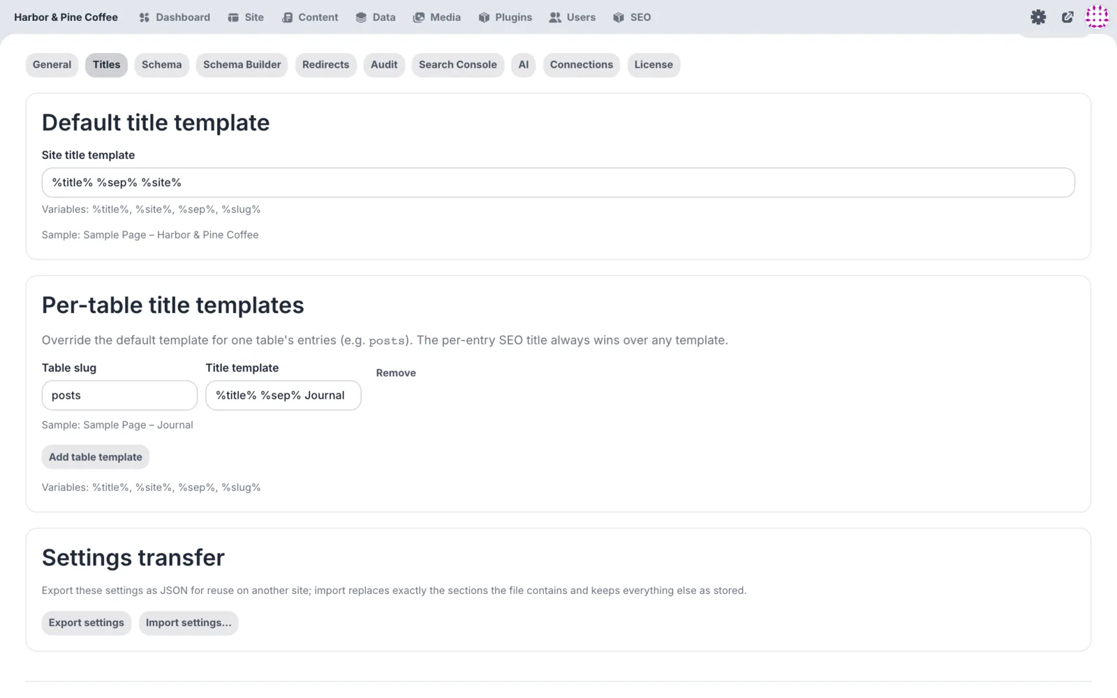 Static Rank titles and meta settings with title templates for pages and journal posts